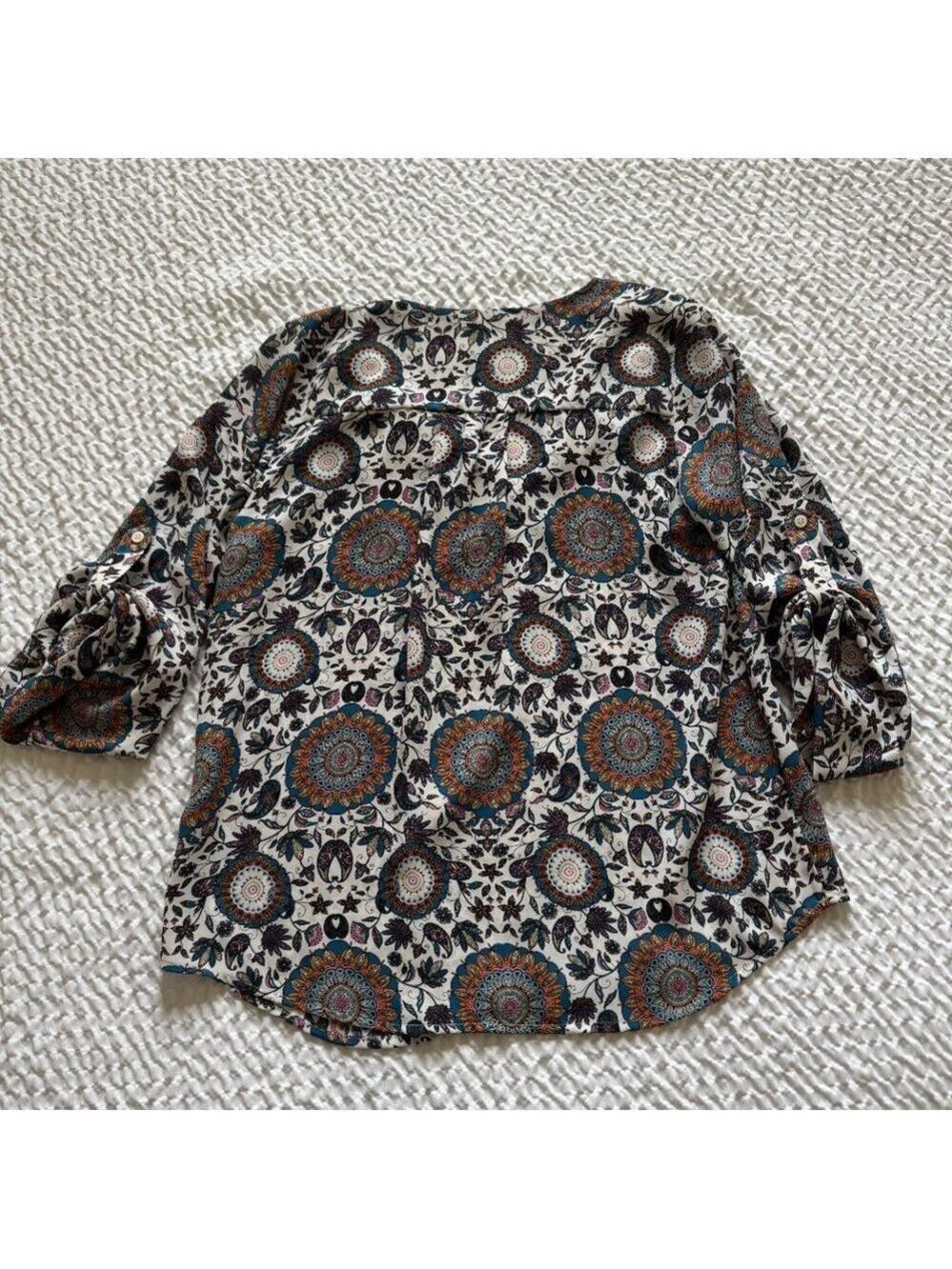 Paisley Print Split V-Neck, 3/4 Sleeve Blouse, Multicolor, Size Small - Picture 2 of 8